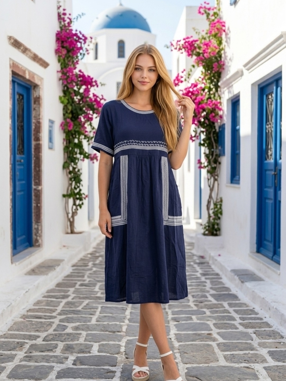 Women’s Navy Embroidered Midi Dress